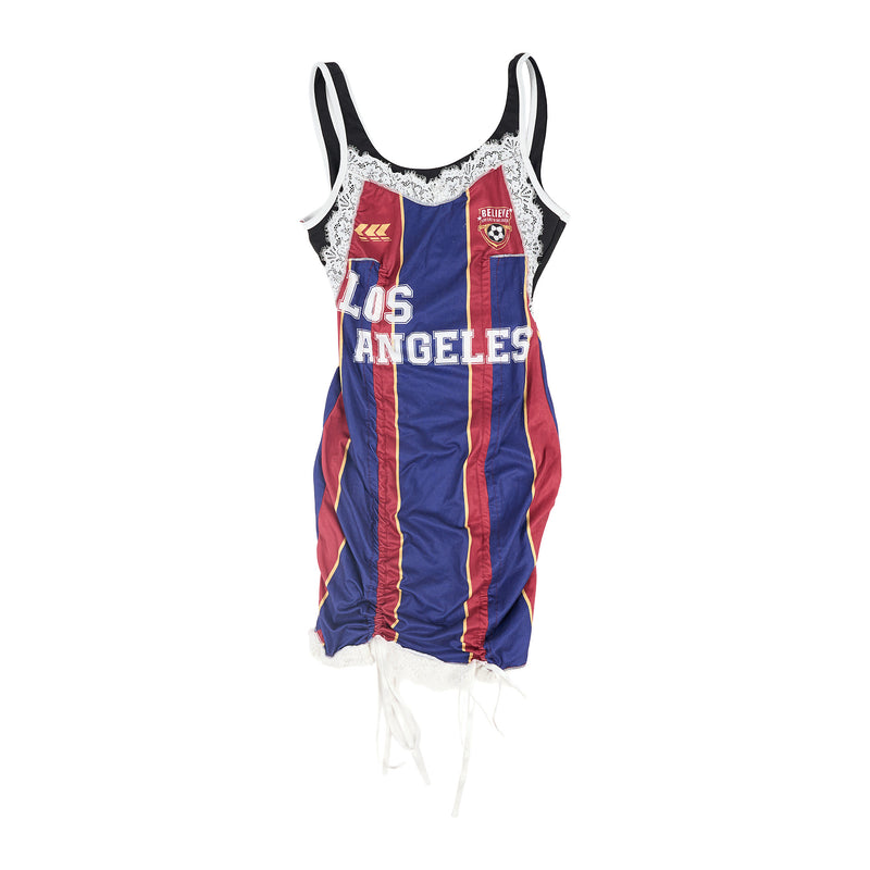 Sport-panel bodycon mini dress - navy and burgundy jersey with lace trim, image 1 of 2