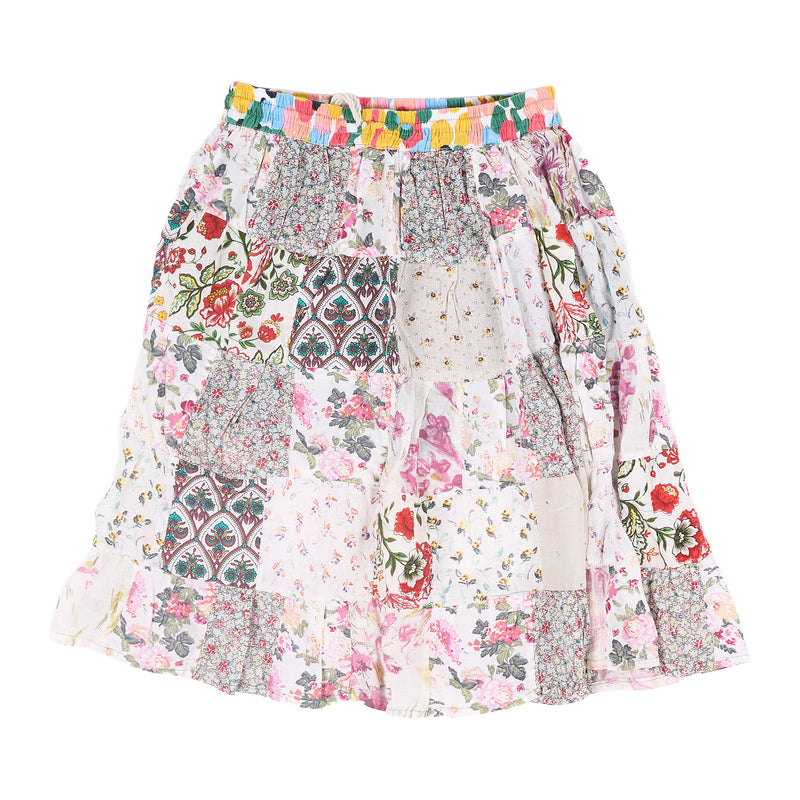 Patchwork floral tiered skirt - white multi with smocked rainbow waistband