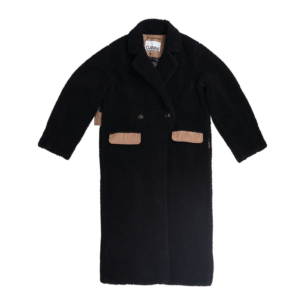 GANNI teddy coat with camel nylon trim - black, image 1 of 2