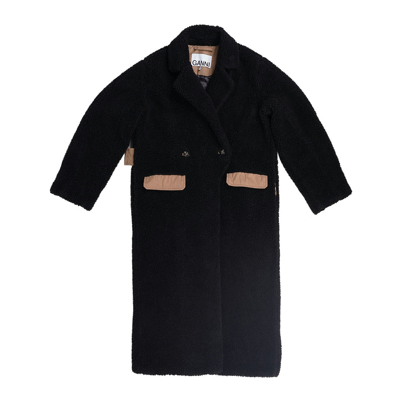 GANNI teddy coat with camel nylon trim - black, image 1 of 2