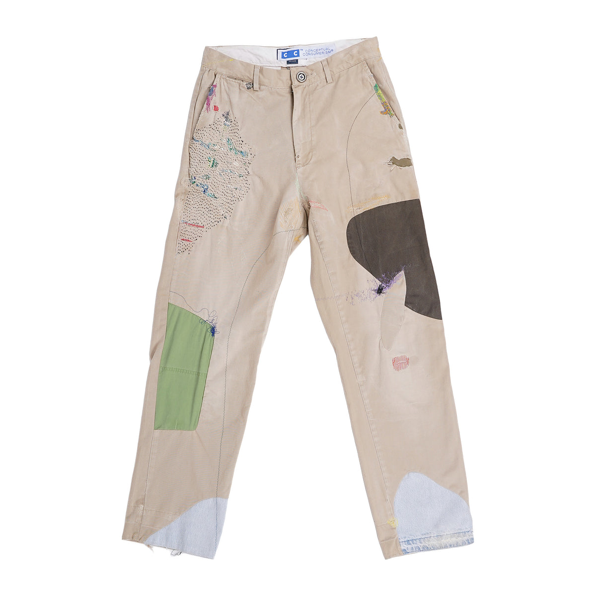 Conceptual Consumerism reworked chinos, patched and embroidered - khaki, image 1 of 2