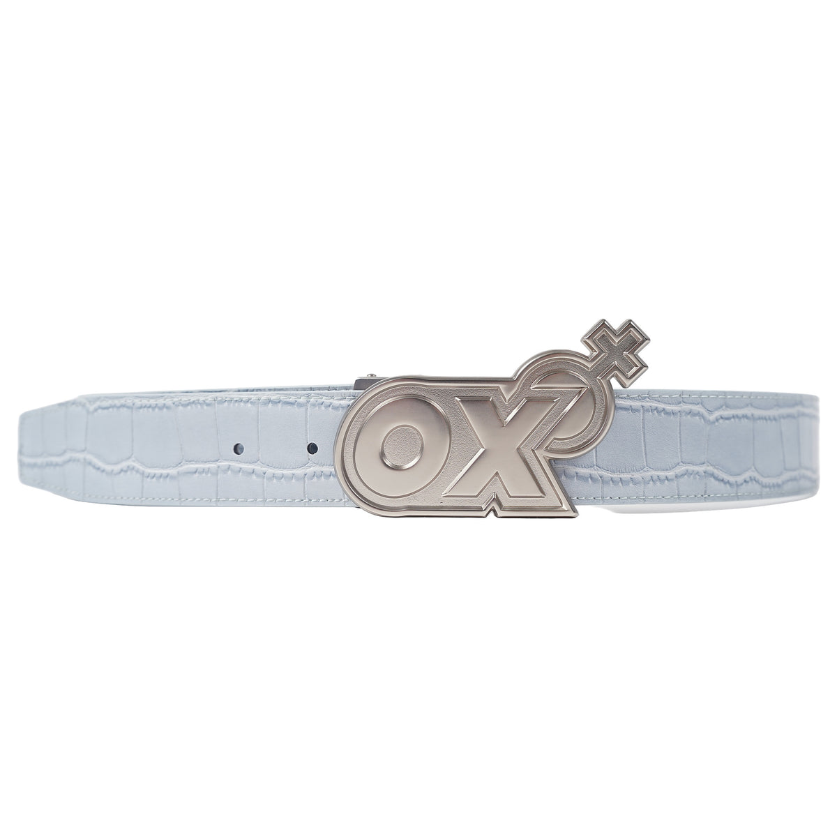 Croc-embossed leather belt, cast OX buckle - blue, image 1 of 3