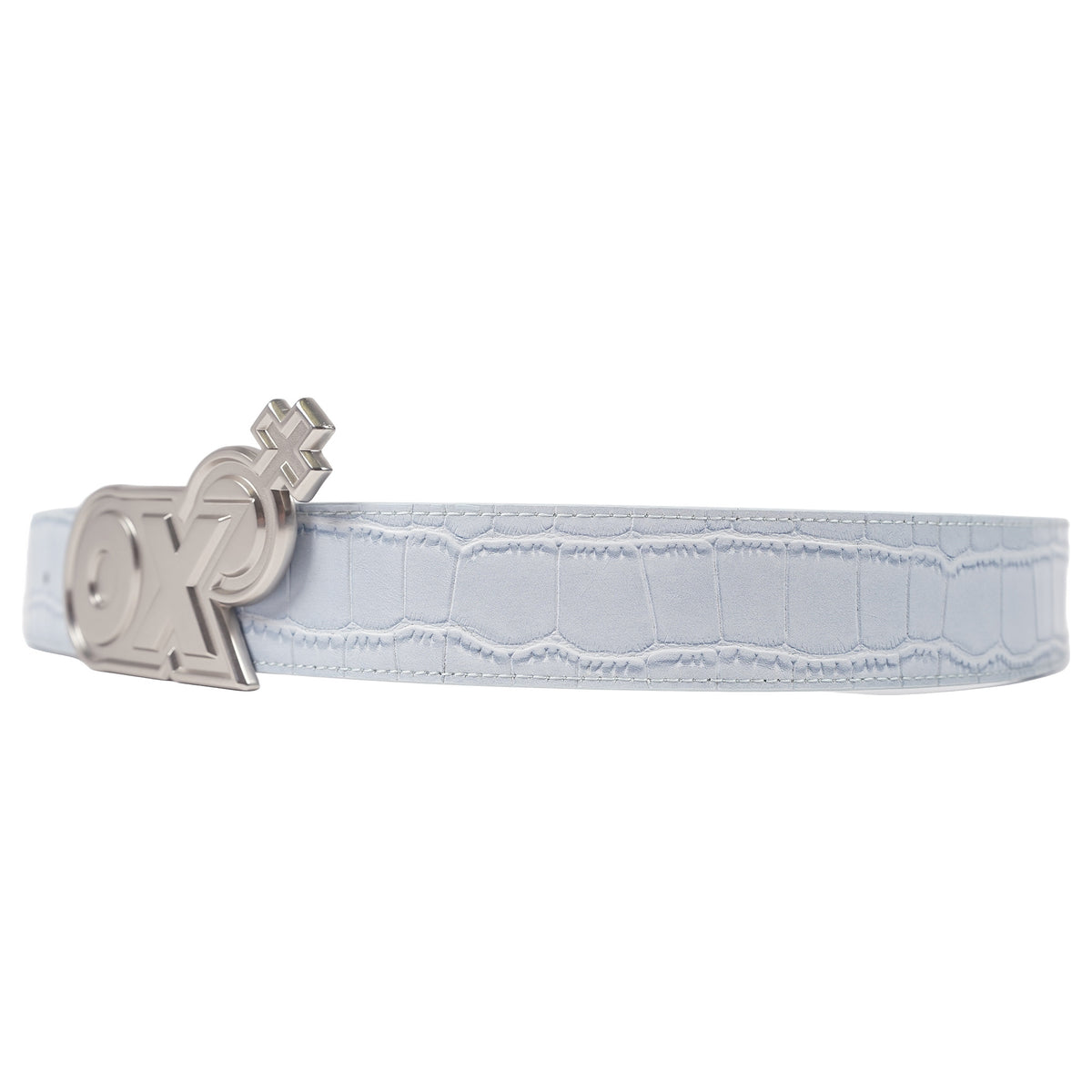 Croc-embossed leather belt, cast OX buckle - blue, image 2 of 3