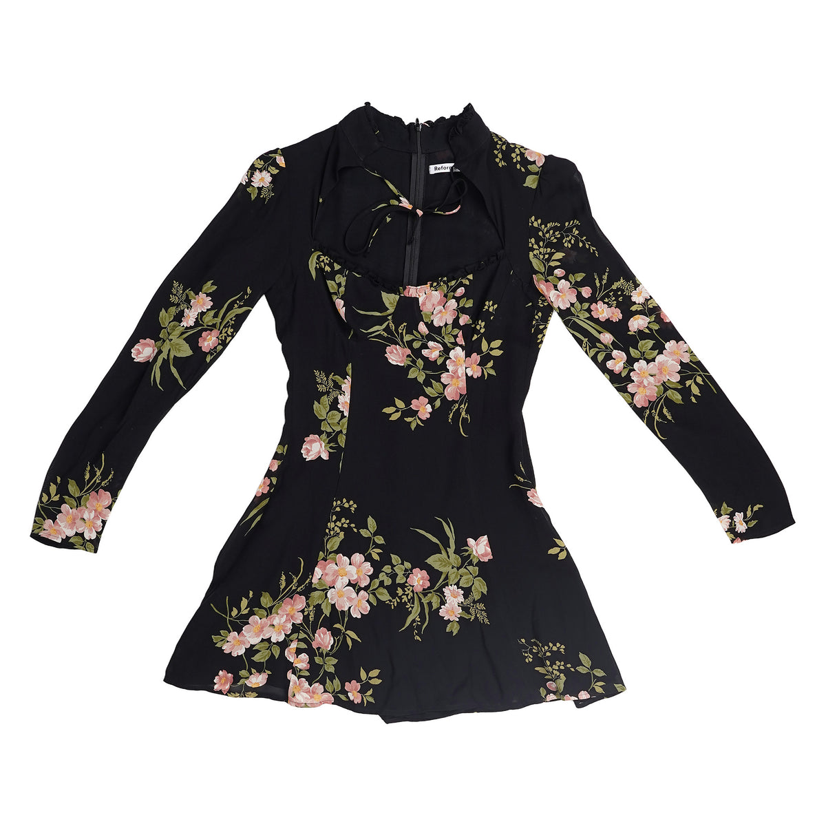 Reformation floral tie-neck top, back zip - black, image 1 of 3