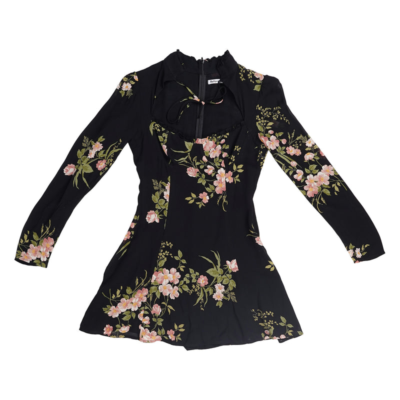 Reformation floral tie-neck top, back zip - black, image 1 of 3