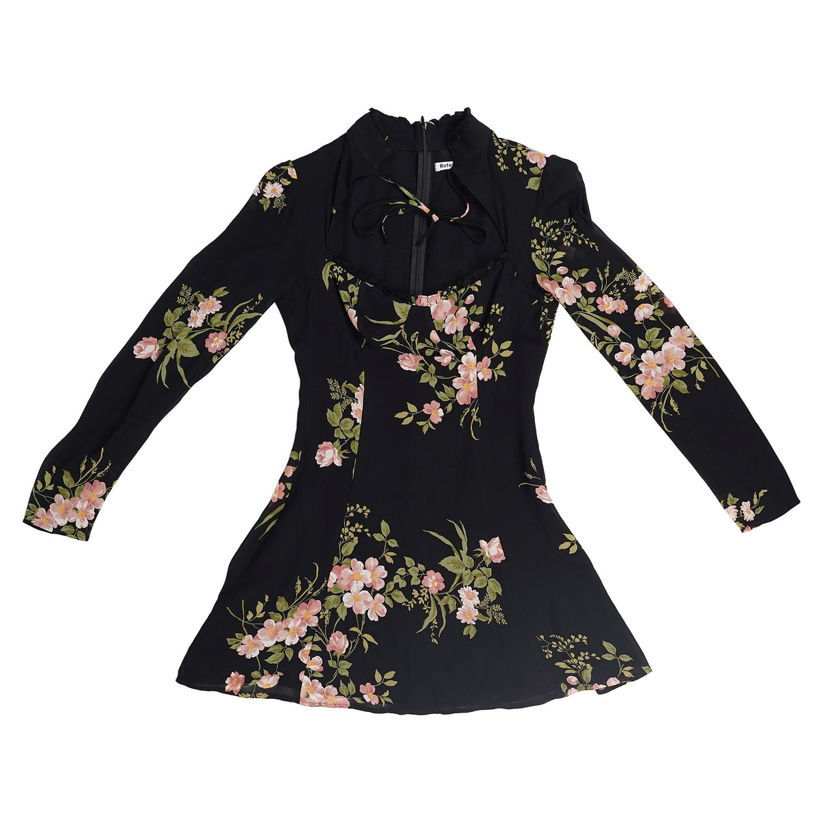 Reformation floral tie-neck top, back zip - black, image 2 of 3