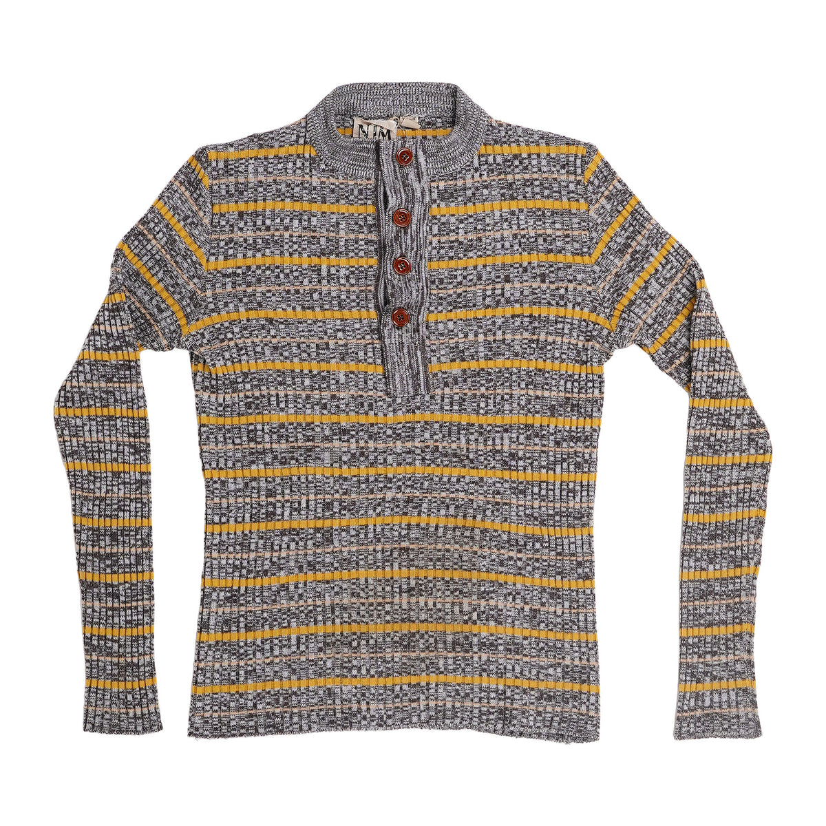 NJM button-neck striped knit - grey and mustard, image 1 of 2