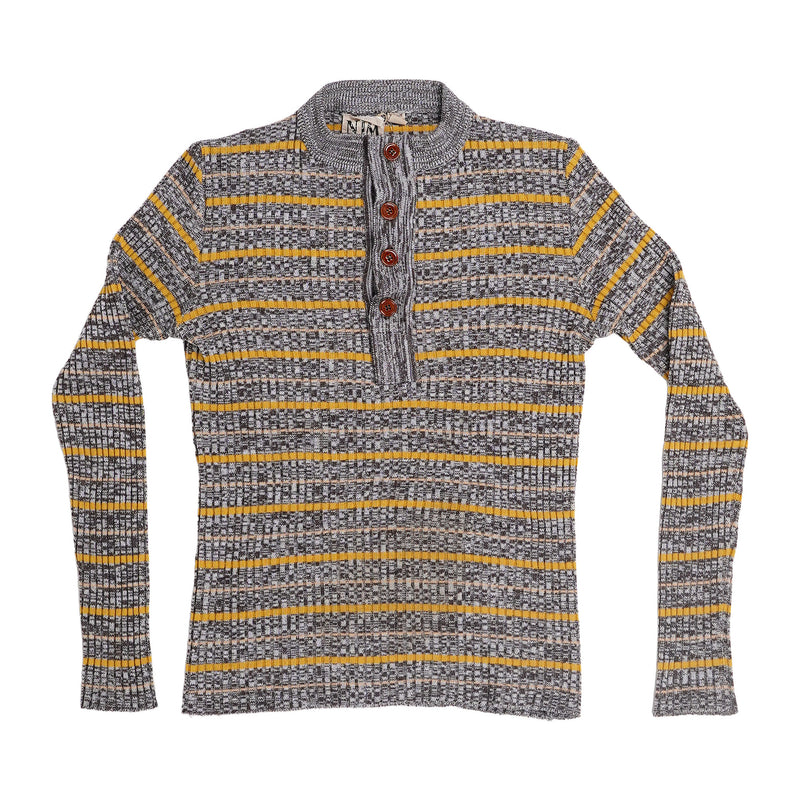 NJM button-neck striped knit - grey and mustard, image 1 of 2