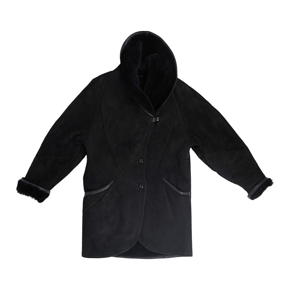 Hooded suede coat, shearling lined, made in Finland - black, image 1 of 2