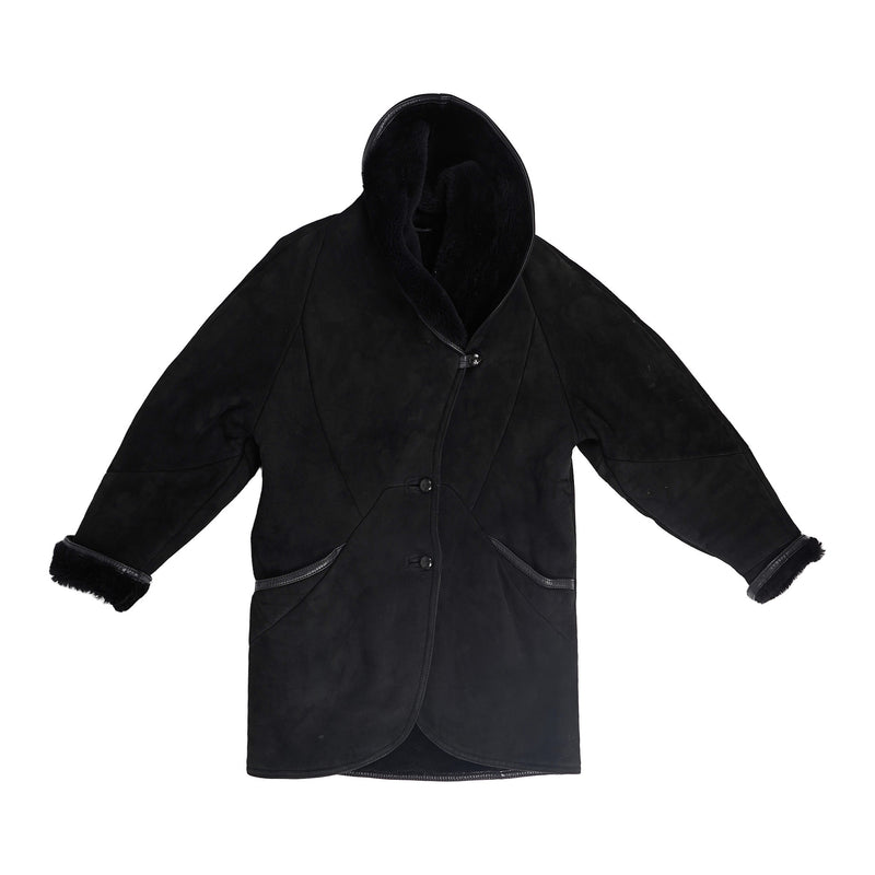 Hooded suede coat, shearling lined, made in Finland - black, image 1 of 2