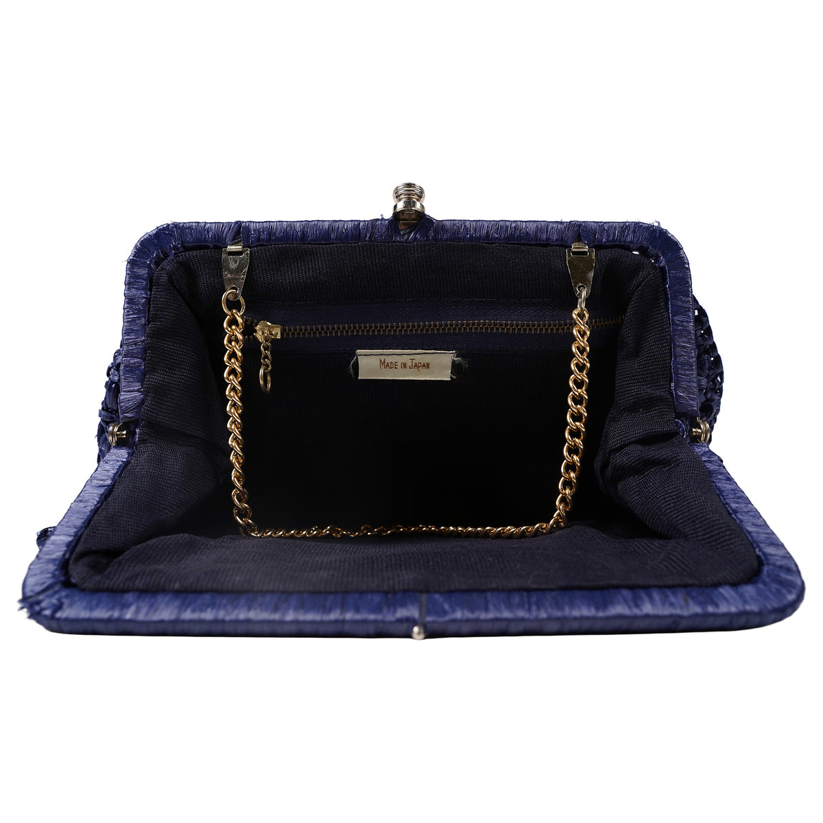 Raffia kiss-lock clutch, tuck-away chain - navy, image 2 of 2