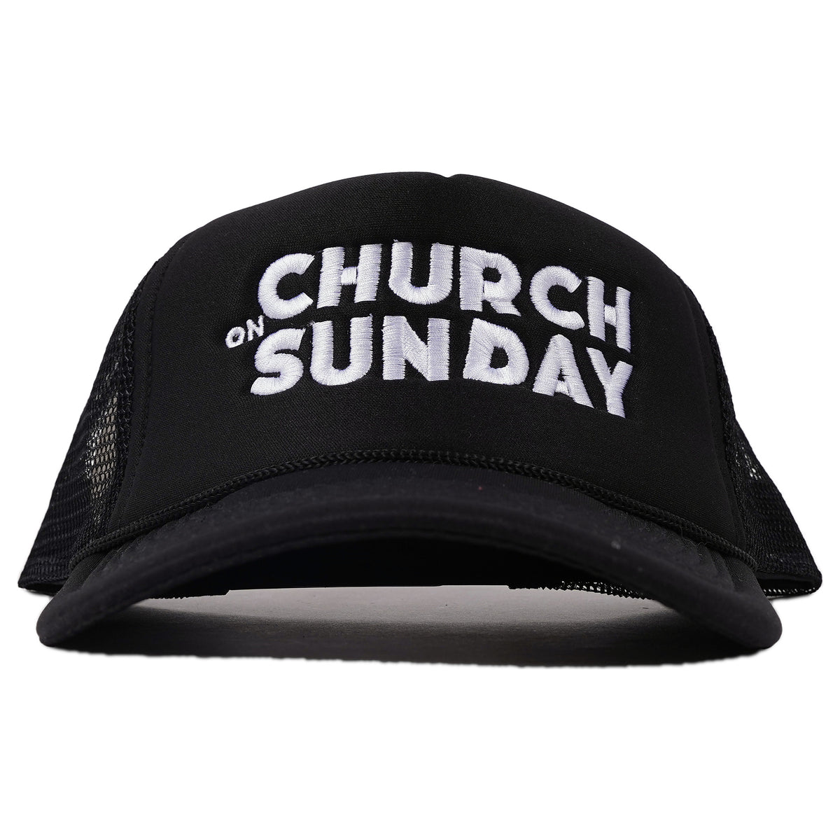 Foam trucker cap, CHURCH on SUNDAY in puff embroidery - black, image 1 of 3