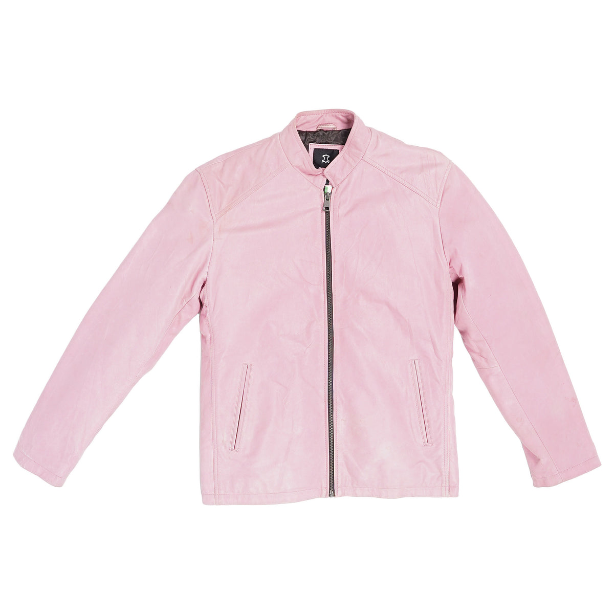 Leather cafe racer jacket, snap collar - pink, image 1 of 2