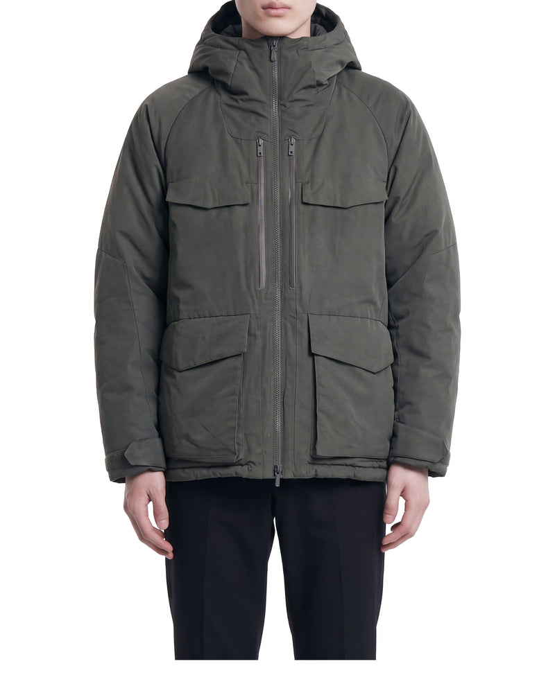 UNIQLO x White Mountaineering hybrid down parka, on a model, front view