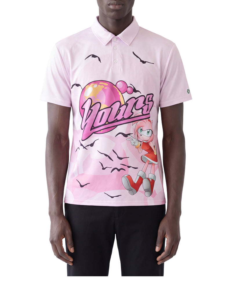 Amy Rose sublimated jersey polo, on a model, front view