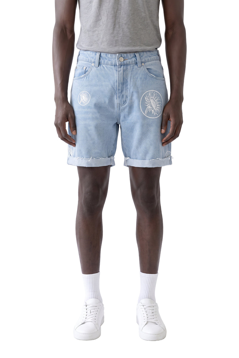Ricardo DSean sunflower-print denim shorts, on a model, front view