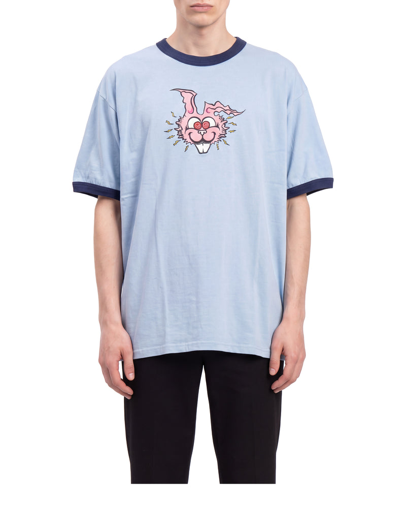 Cliff ringer tee, electric rabbit print, on a model, front view