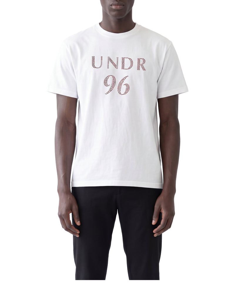 UNDR 96 rhinestone heavyweight tee, made in USA, on a model, front view