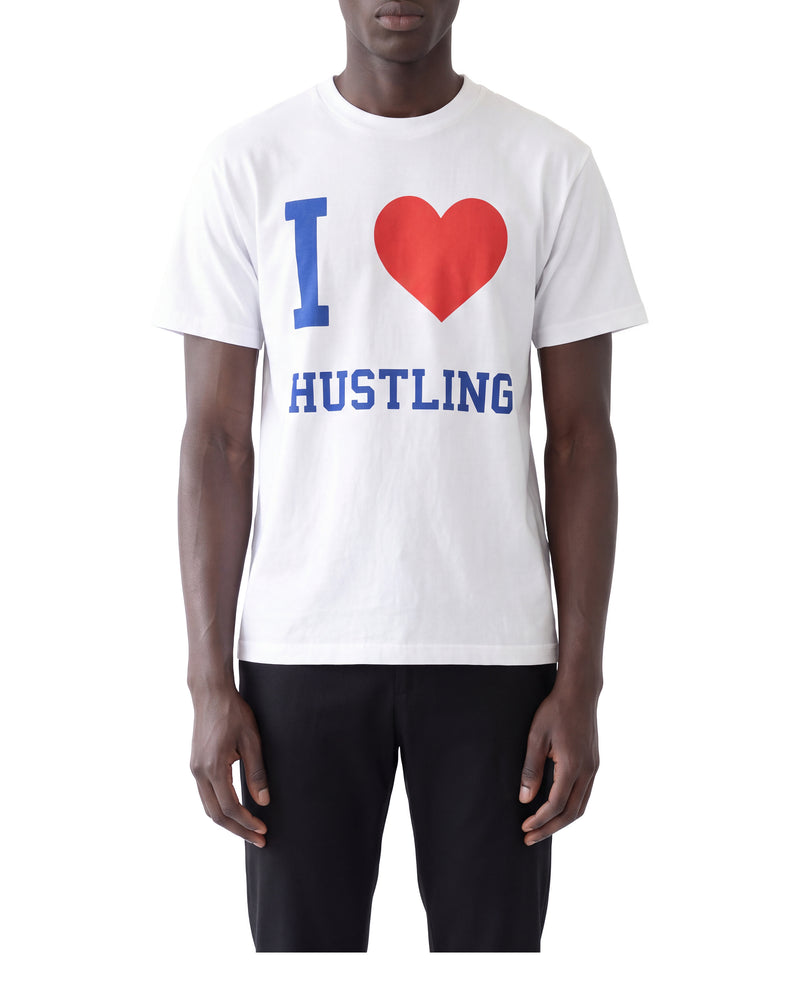 I Love Hustling heavyweight tee, on a model, front view