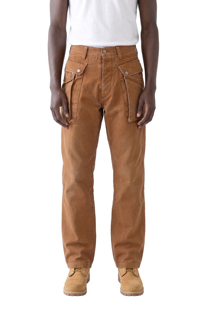 Sassafras cotton duck work pants, cargo pocket, on a model, front view