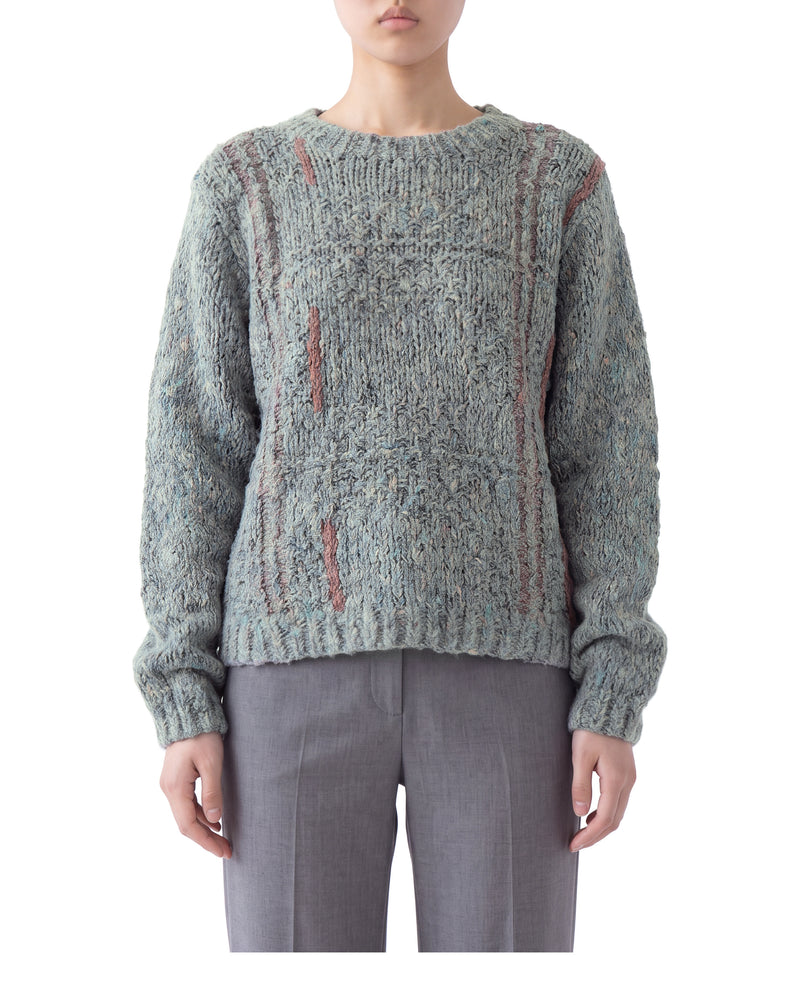Bouclé knit crewneck with rust stripes, on a model, front view