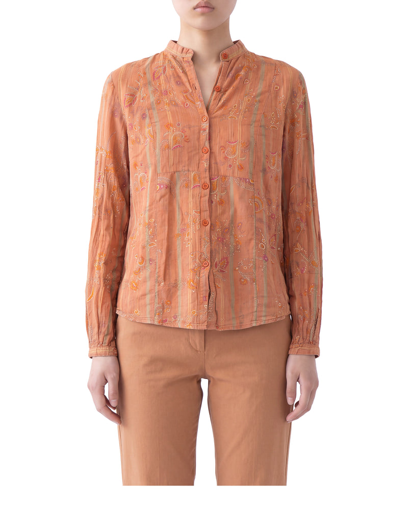 Renatto Bene paisley-stripe gauze shirt, band collar, on a model, front view