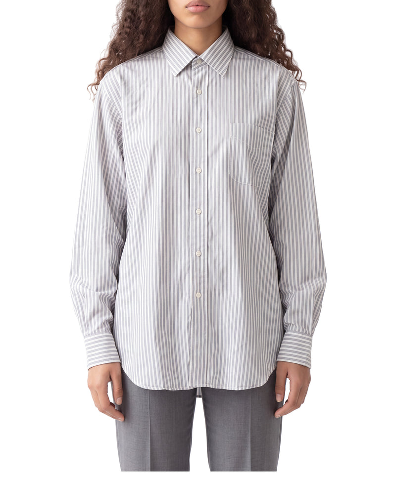 Barneys New York striped cotton dress shirt, made in USA, on a model, front view